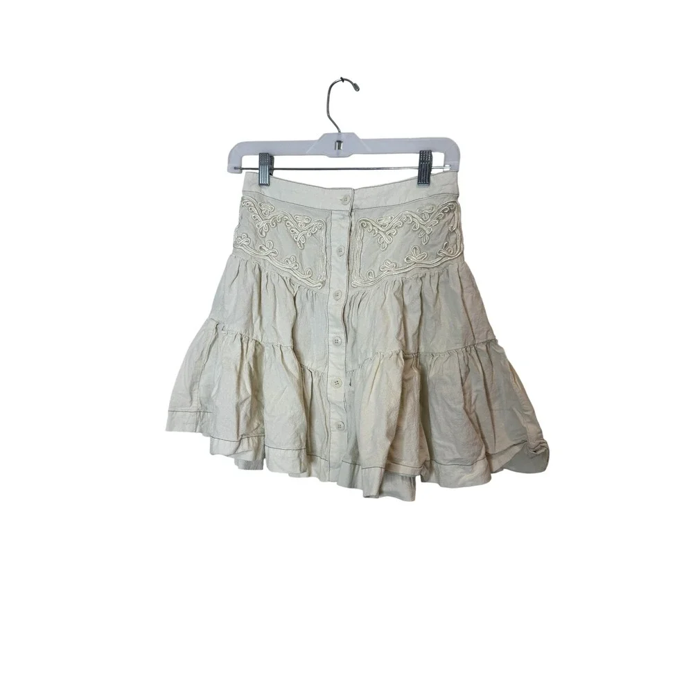 Free People Skirt Womens 0 White Cotton Peasant Embroidered Tiered Ruffle Mini